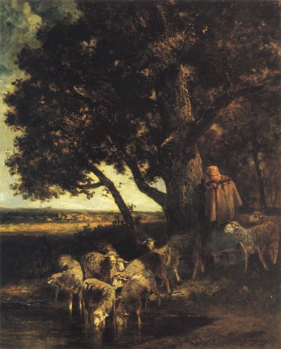 A Shepherdess and her Flock by a Pool